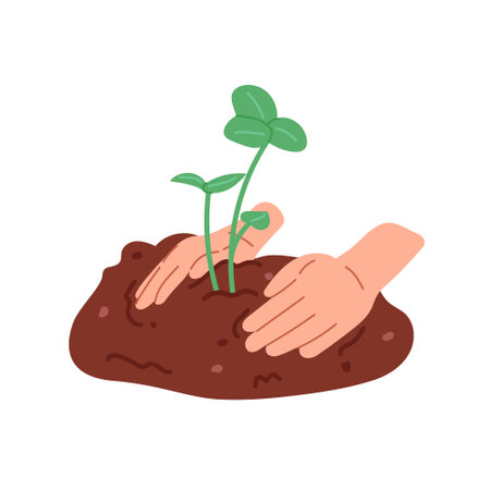 Planting a small tree in the ground with human hands on a white background. Hand drawn illustration of planting.のイラスト素材