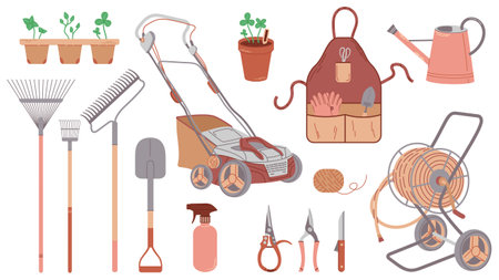 Set illustrations of useful gardening and yard care tools. Lawn mower, garden hose reel, shovel and rake, and other tools isolated on white background.のイラスト素材