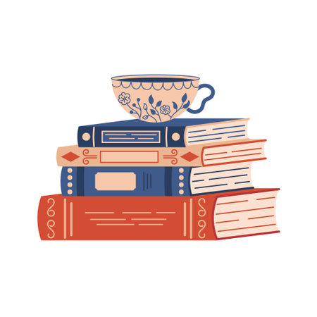 Cup of tee or coffee on a stack of books. Hand drawn vector illustration isolated on white background.のイラスト素材