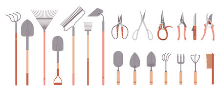 Big set gardening tools for farmer garden household. Agriculture tools drawn in flat cartoon style isolated on white background.のイラスト素材