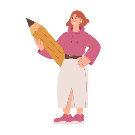 Young women holding a huge pencil in her hands. Illustration of a modern student, artist, creator. Modern flat character illustration isolated on white background.のイラスト素材