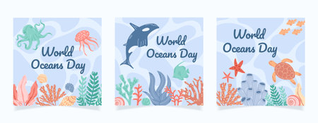 Hand drawn world oceans day posts collection. Sea inhabitants, shells and corals on blue water abstract background with waves.のイラスト素材