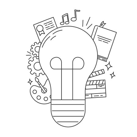 Contour black and white illustration of Light bulb with icons of book, clapperboard, palette, gears, document.のイラスト素材