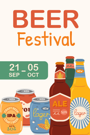 Event poster for beer festival. Colored hand drawn poster with different beer types in aluminum cans and glass bottles.のイラスト素材