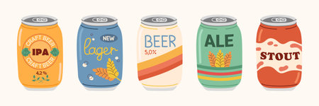 Set of beers in aluminum cans. Colored hand drawn illustration of different beer types, labels. Design elements for menu restaurant, pub.のイラスト素材