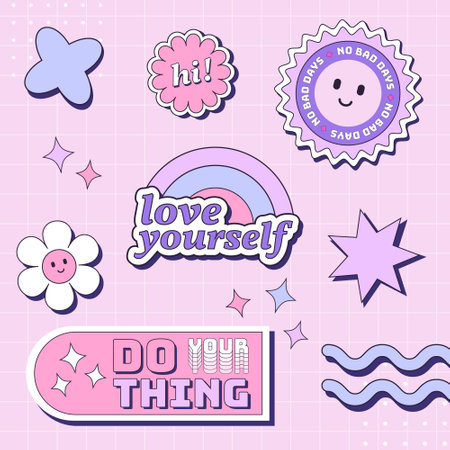 Y2K Inspired Retro Illustrations Stickers Set. Trendy retro cartoon label perfect for use in event branding, logos, apparel designs and more.のイラスト素材