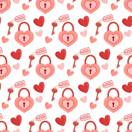 Valentines day seamless pattern. Heart shaped lock, key. Flat vector illustration.のイラスト素材