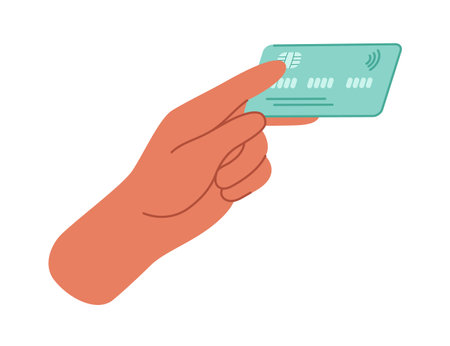 Hands holding a credit or debit card. Pay for purchases by card, bank transfer. Spend money, pay for purchases. Financial concept hand drawn illustration isolated on white background.のイラスト素材