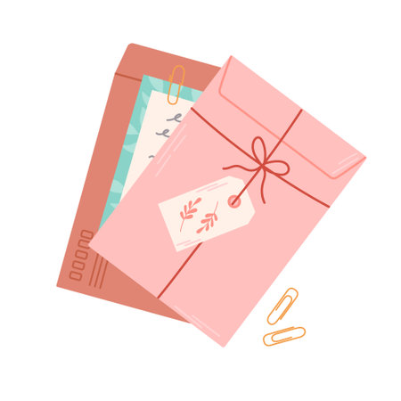 Stack of mail. Craft paper envelopes. Delivery, message, communication concept. Isolated vector illustration.のイラスト素材