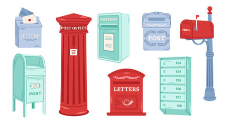 Set of postal letterboxes, postboxes, mailbox for delivery envelopes, parcels. Hand drawn vector illustration isolated on white background.のイラスト素材