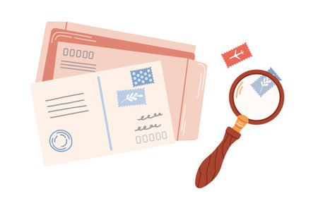 Craft envelope, letter, postcard. Sending mail. Look at postage stamps under a magnifying glass. Collecting postage stamps, hobby.のイラスト素材