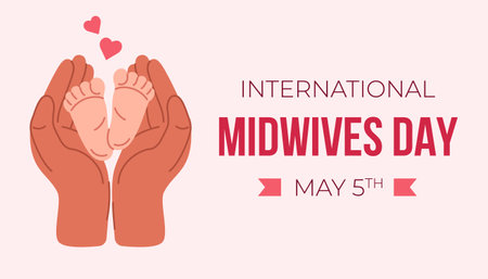 International Midwives day horizontal banner. Vector illustration of small newborn baby feet in hands of a nurse.のイラスト素材