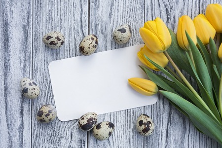 Quail eggs, yellow tulips and white card on wooden background. Easter concept Top view with copy spaceの写真素材