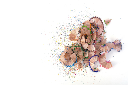 pencil isolated on white background, colorful shavings, top viewの写真素材
