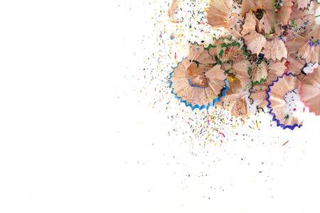 pencil isolated on white background, colorful shavings, top viewの写真素材