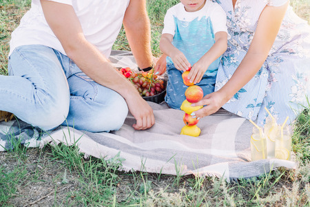Family picnic at the park, building fruit tower, having fun in natureの写真素材