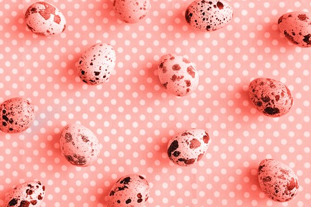 Quail eggs on dotted fabric background toned coral color, Easter concept.