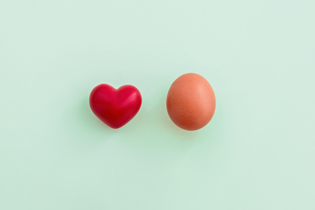 Brown egg and red heart on green pasrel background.の写真素材