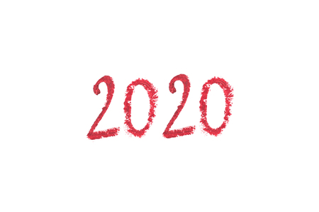 Delicate lipstick drawing 2020 isolated on white background. Color stroke.の写真素材