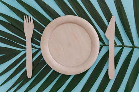 Wooden empty plate, fork and knife on palm leaf background on blue. Zero waste concept. Top view.の写真素材