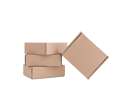 Stack of craft paper boxes isolated on white. Mock up.の写真素材