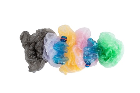 Plastic bags and bottles isolated on white background. No plastic garbage concept.の写真素材