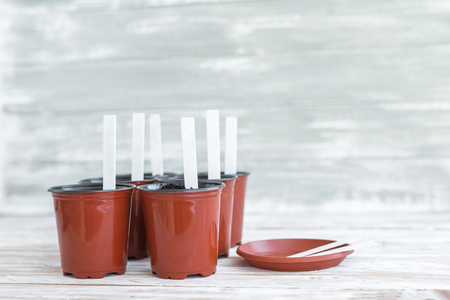 White tags in brown pots on white wooden background.の写真素材