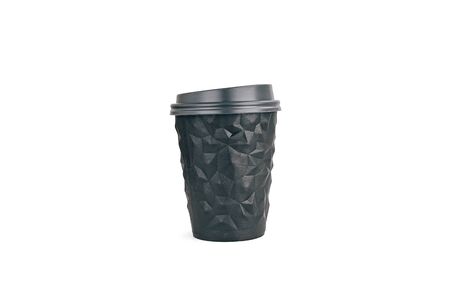 Black coffee cup to go isolated on white. Unusual shape of cup, mock up. Copy space.の写真素材