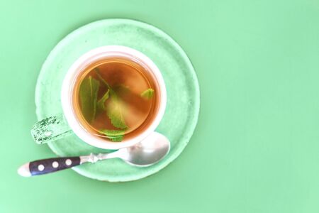 Green mint cup of mint tea on table toned green with copy space. Top view.の写真素材