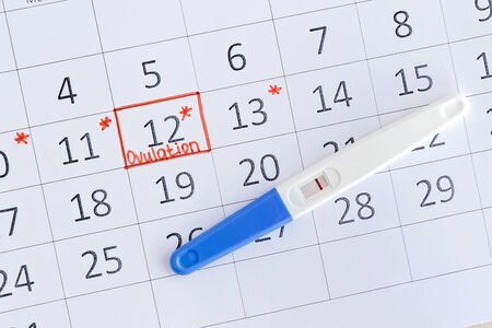Negative pregnancy test with circling date in calendar. Planning of pregnancy, trying to have baby. Top view.の写真素材