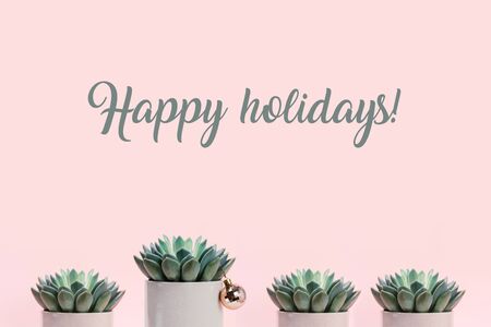 Happy holidays banner made with succulents on pale pink background and one of them decorated with Christmas ball. Banner with place for text. Christmas creative background.の写真素材