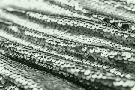 Pale green shiny fabric with sequins, abstract background. Close-up.の写真素材