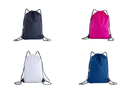 Set of drawstring packs template, bag for sport shoes isolated on white classic blue, pink, white and black color. Mock up, 2020.の写真素材