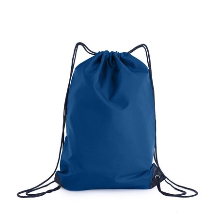 Classic blue drawstring pack template, bag for sport shoes isolated on white. Mock up, 2020.の写真素材