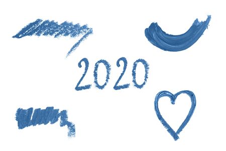 Set of delicate blue textured strokes toned blue isolated on white, 2020.の写真素材