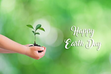 Children's hands holding small green plant growing seedlings on natural green bokeh background. Earth Day concept, card.の写真素材