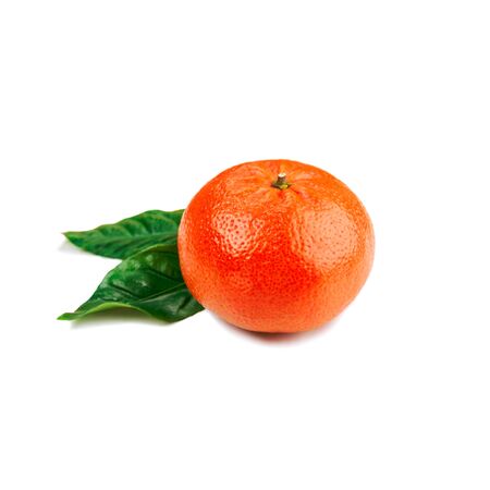 Fresh ripe mandarin with green leaves isolated on white background. Close up.の写真素材