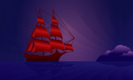 Sailing ship on the night skyline illustration  のイラスト素材