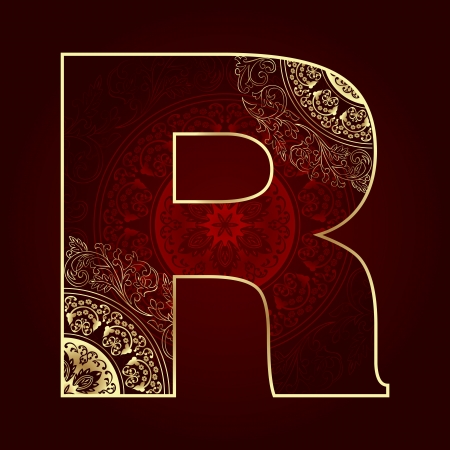 Vintage alphabet with floral swirls, letter R. Vector illustration  のイラスト素材