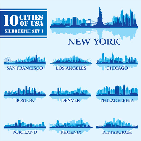 Silhouette city set of USA 1 on blue. Vector illustrationのイラスト素材