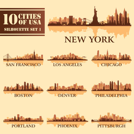 Silhouette city set of USA 1 on brown. Vector illustrationのイラスト素材