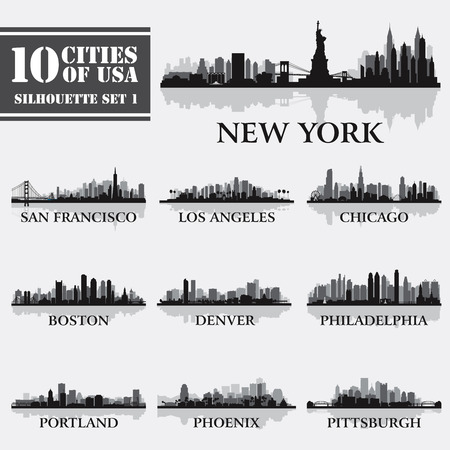Silhouette city set of USA 1 on grey. Vector illustrationのイラスト素材