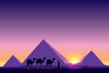 Egypt Great Pyramids with Camel caravan のイラスト素材