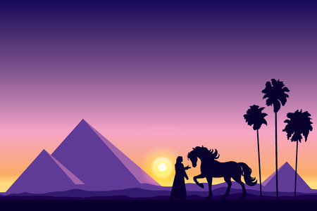 Egypt Great Pyramids with silhouette of Bedouin and horse on sunset background のイラスト素材