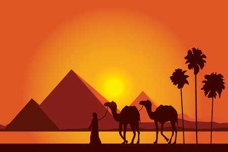 Egypt Great Pyramids with Camel caravan on sunset backgroundのイラスト素材