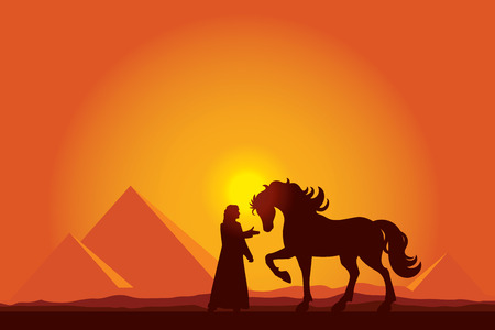 Egypt Great Pyramids with silhouette of Bedouin and horse on sunset background のイラスト素材