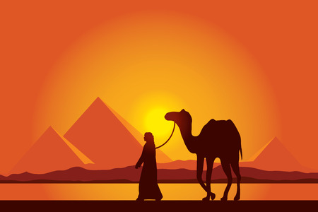 Egypt Great Pyramids with Camel caravan on sunset background のイラスト素材