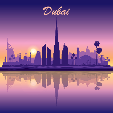 Dubai skyline silhouette on sunset background, vector illustrationのイラスト素材