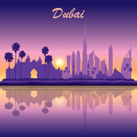 Dubai skyline silhouette on sunset background, vector illustrationのイラスト素材