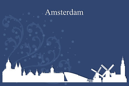 Amsterdam city skyline silhouette on blue background, vector illustrationのイラスト素材